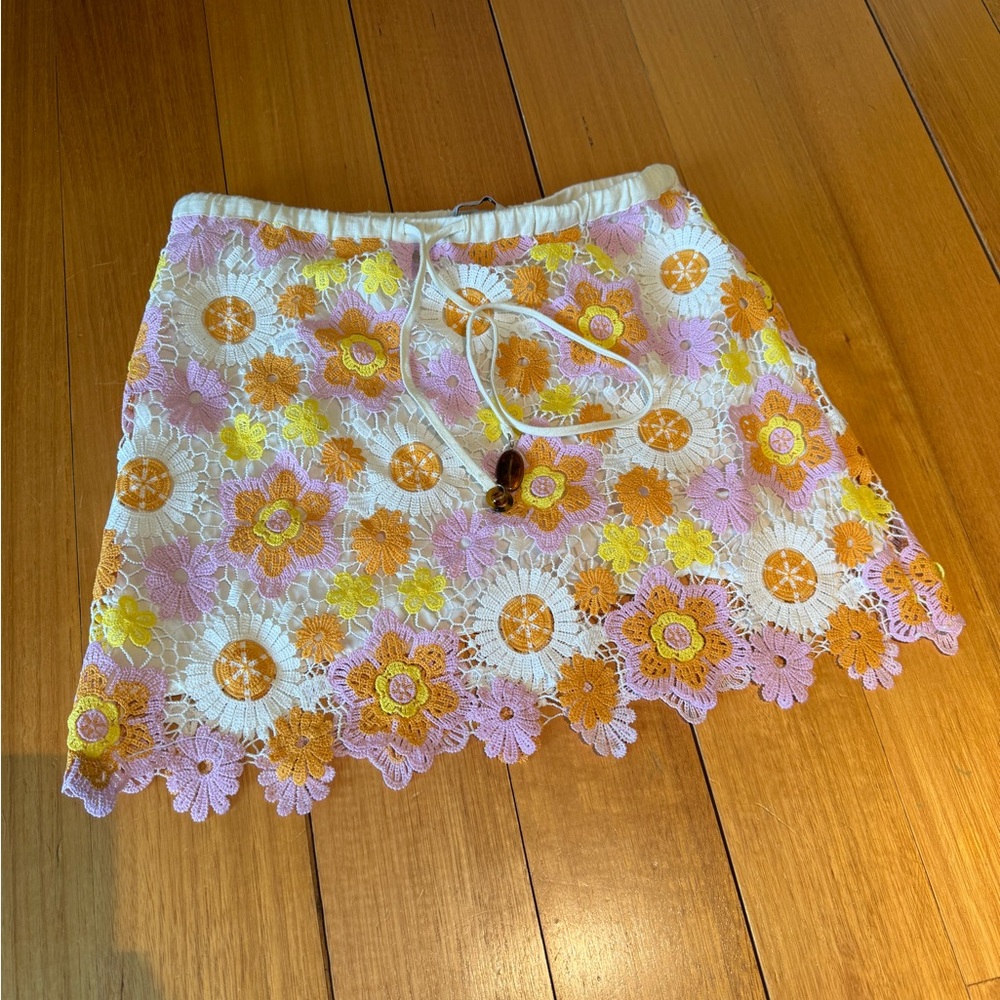 Zara White and Yellow Crochet Mini Skirt Tie Front Resort Wear